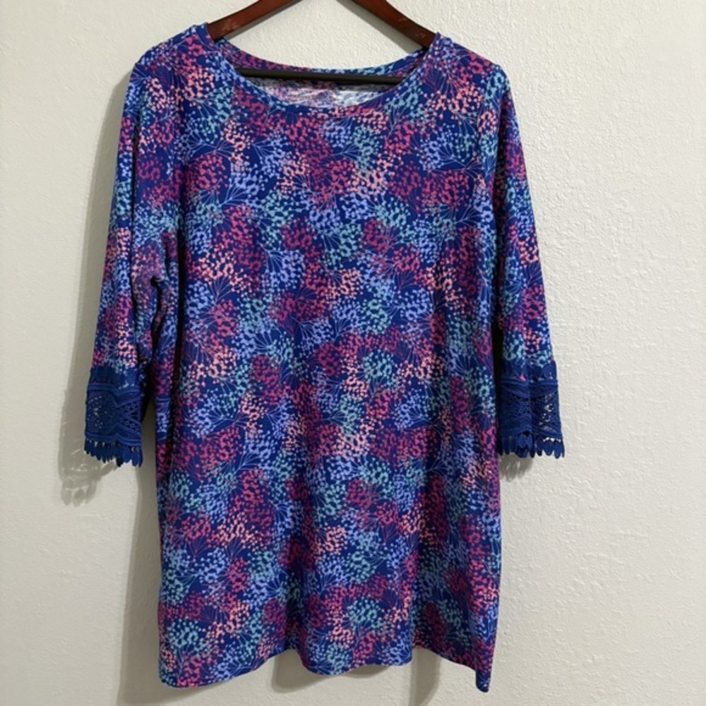Woman Within 18/20 1X Plus Blue Floral Top Lace Sleeve 3/4 Stretch Knit